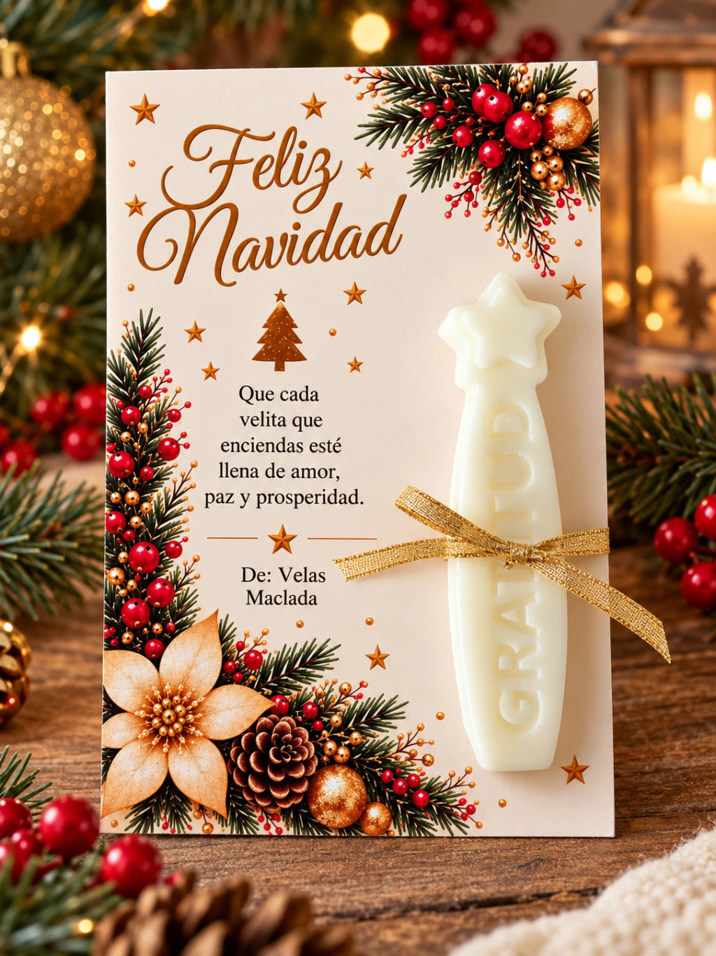 Tarjeta navideña MACLADA con vela en forma de estrella y cinta decorativa